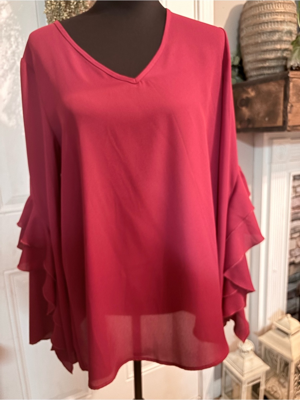 Ruffled V-Neck Blouse in red